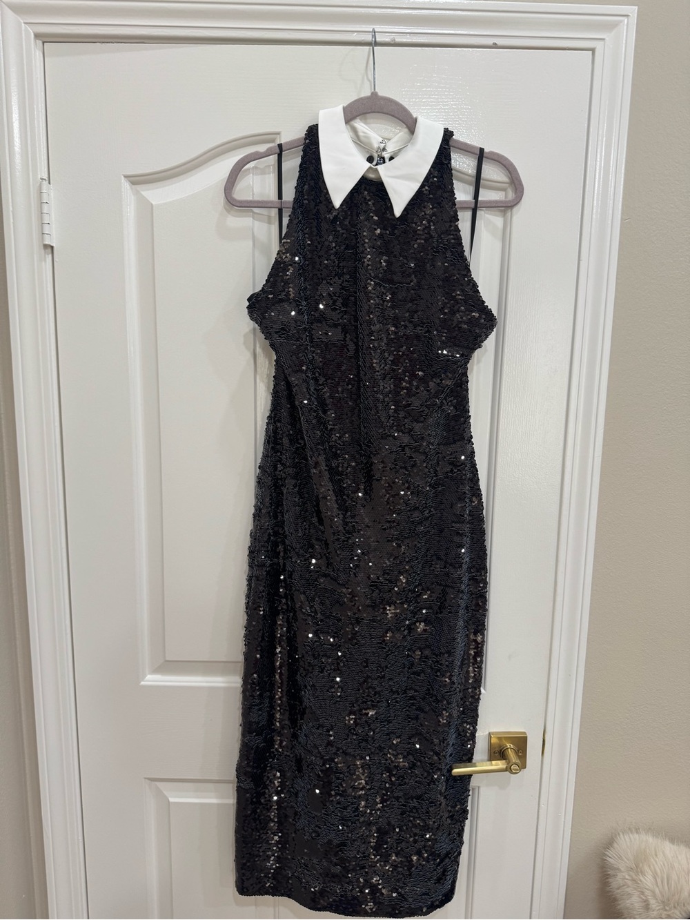 L'AGENCE Black Sequin Midi Dress with White Collar